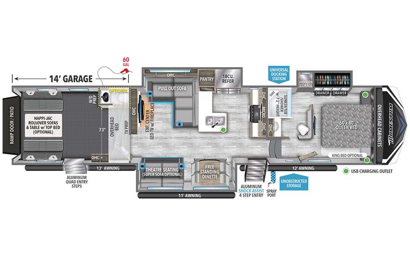 Grand Design Momentum M-Class 395MS toy hauler floor plan diagram.