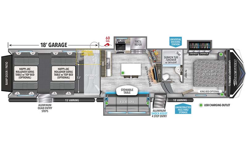 Grand Design Momentum M-Class 398M toy hauler floor plan diagram.