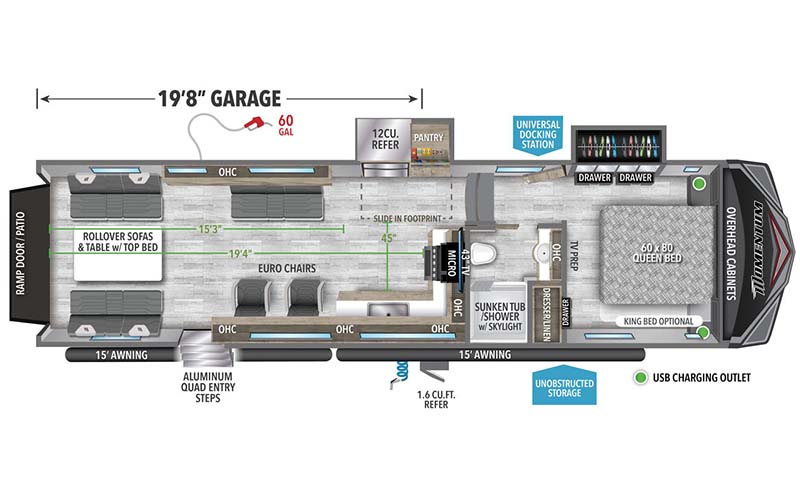 Grand Design Momentum G-Class 315G toy hauler floorplan diagram.