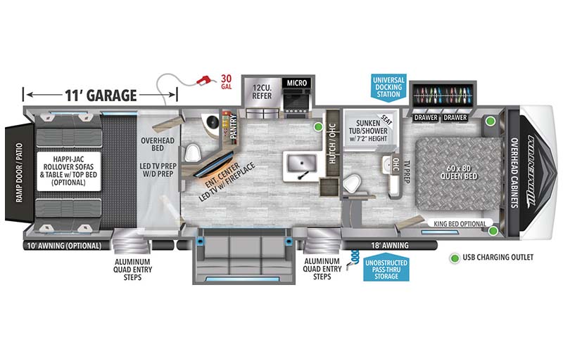 Grand Design Momentum G-Class 320G toy hauler floorplan diagram.