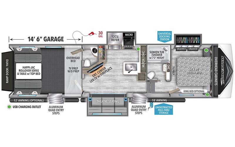 Grand Design Momentum G-Class 350G toy hauler floorplan diagram.