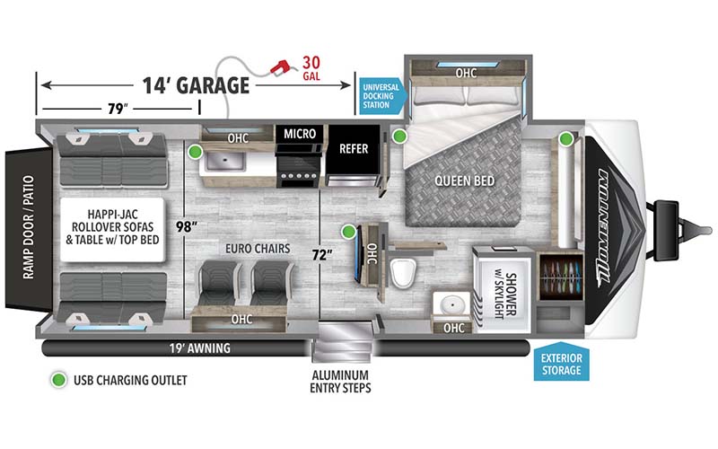 Grand Design Momentum G-Class 21G travel trailer toy hauler floorplan diagram.