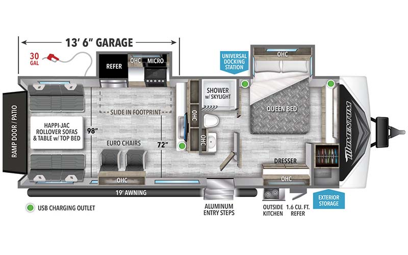 Grand Design Momentum G-Class 25G travel trailer toy hauler floorplan diagram.