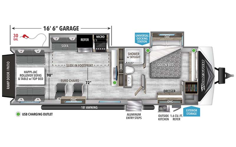 Grand Design Momentum G-Class 28G travel trailer toy hauler floorplan diagram.