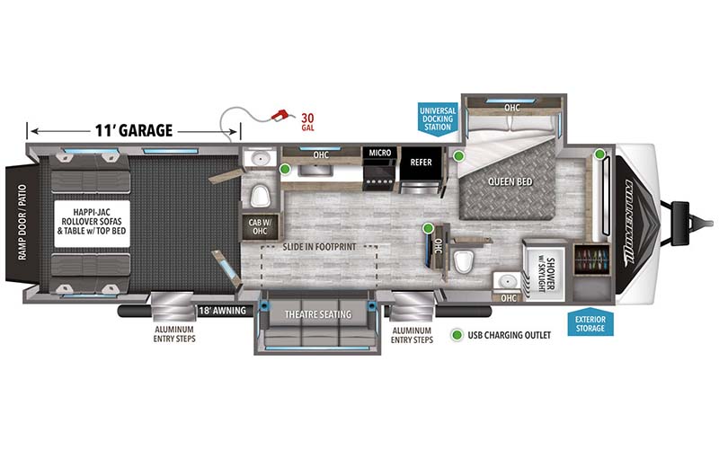 Grand Design Momentum G-Class 29G travel trailer toy hauler floorplan diagram.