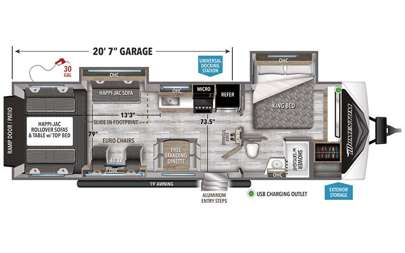 Grand Design Momentum G-Class 30G travel trailer toy hauler floorplan diagram.