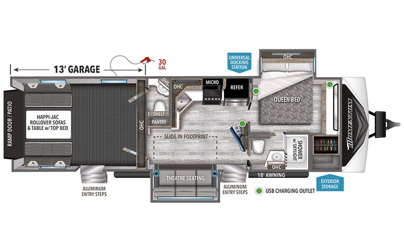 Grand Design Momentum G-Class 31G travel trailer toy hauler floorplan diagram.