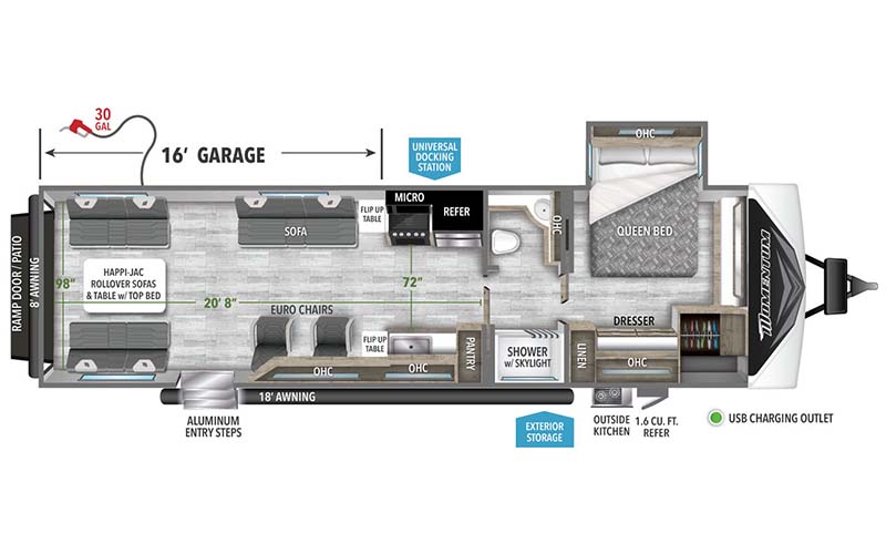 Grand Design Momentum G-Class 32G travel trailer toy hauler floorplan diagram.