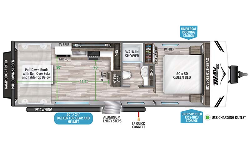 Grand Design Momentum 27MAV toy hauler floorplan diagram.