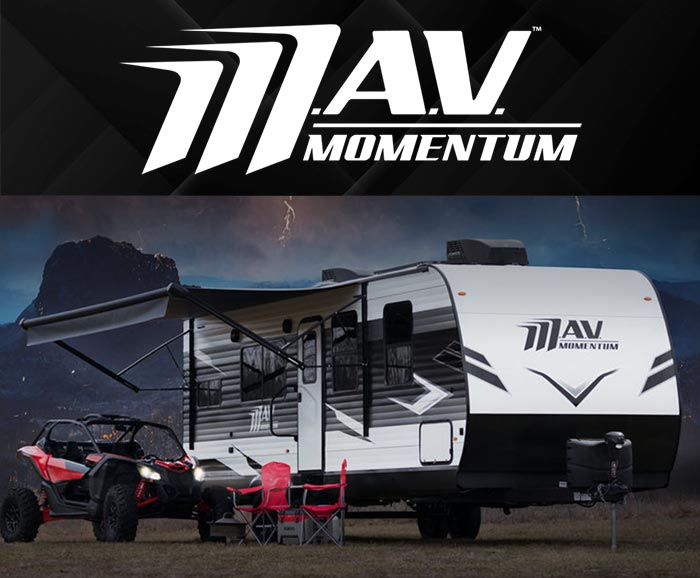 Photo of Grand Design Momentum MAV toy hauler with logo above.