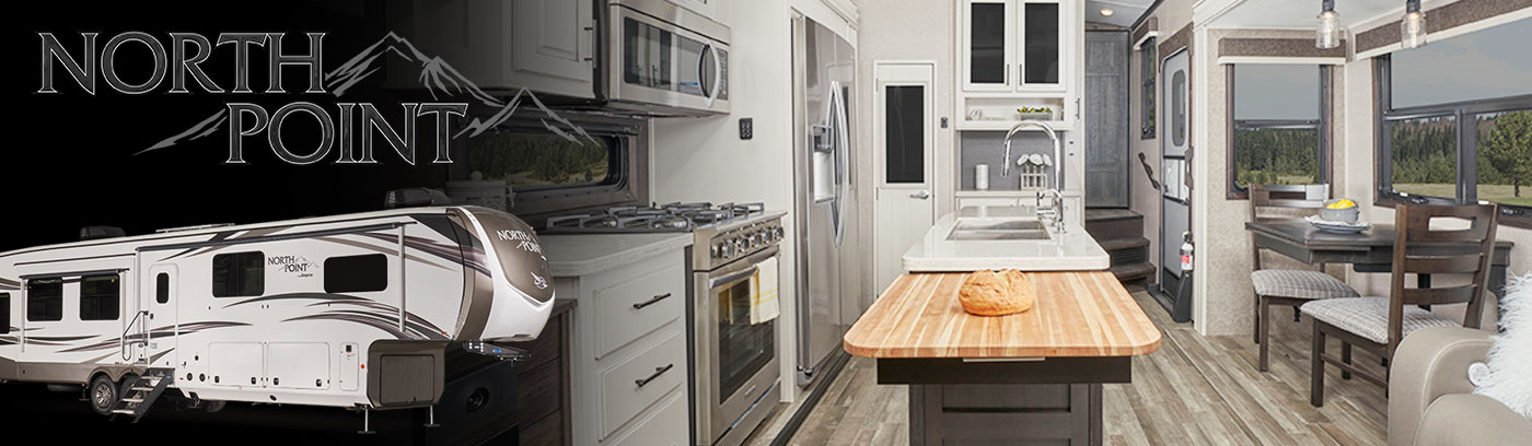 Photo collage of interior and exterior of a Jayco North Point fifth wheel and logo.