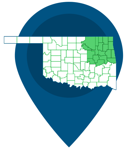 Map pin and state of Oklahoma with northeastern counties highlighted.