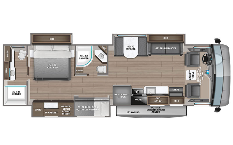 Jayco Precept 36A gas class a motorhome floorplan diagram.