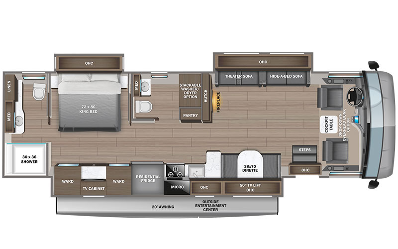 Jayco Precept 36C gas class a motorhome floorplan diagram.