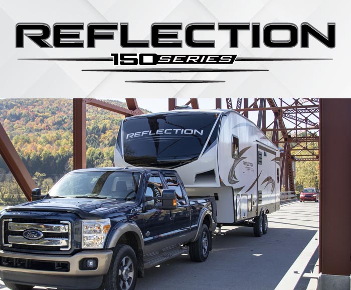 Photo of pickup pulling a Grand Design Reflection 150 fifth wheel over bridge with logo above.