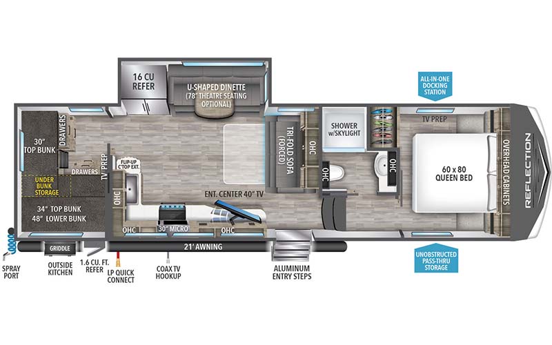 Grand Design Reflection 150 298BH fifth wheel floor plan diagram.