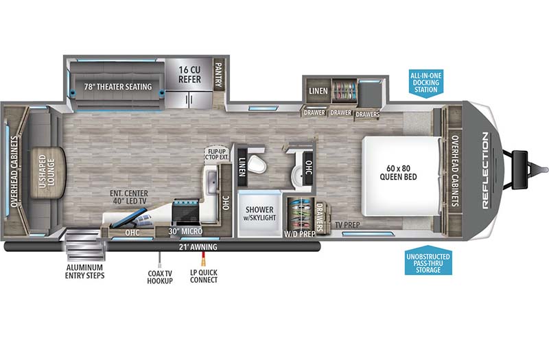 Grand Design Reflection 296RDTS travel trailer floorplan diagram.