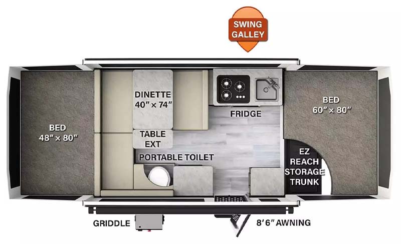 Forest River Rockwood 1910ESP popup camper floorplan diagram.