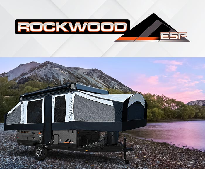 Photo of Rockwood ESP tent camper with logo above.