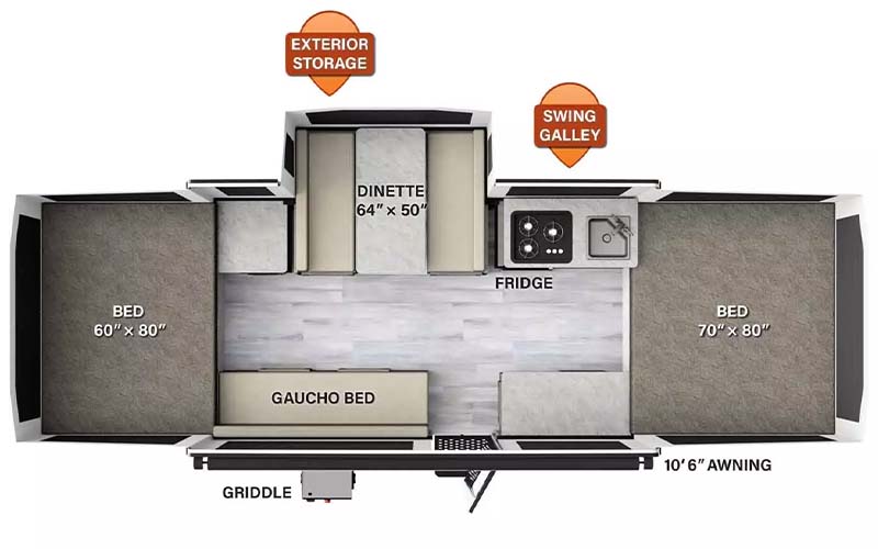 Rockwood 2318G tent camper floorplan diagram.