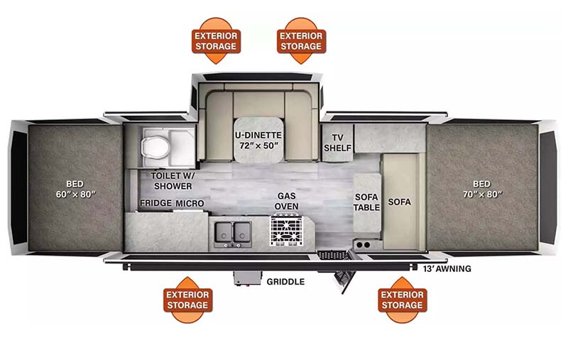 Rockwood HW296 tent camper floorplan diagram.