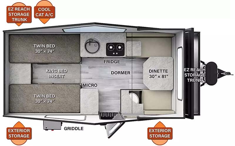 Rockwood A213HW hard-side pop-up floorplan diagram.