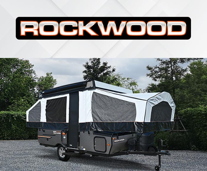 Photo of Rockwood tent camper with logo above.