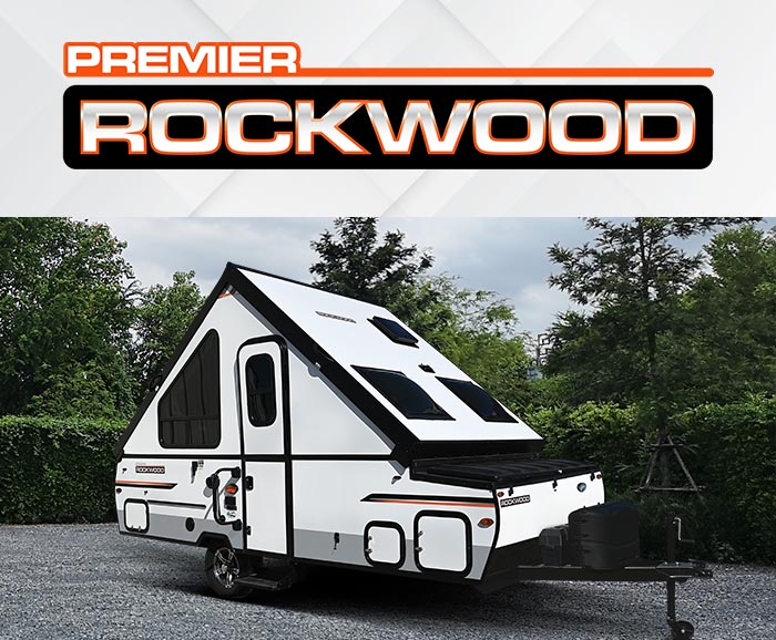 Photo of Rockwood hard-side popup camper with logo above.