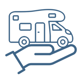 RV insurance icon consisting of hand holding and protecting an RV.