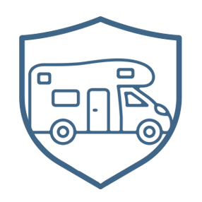 RV paint and fabric protection icon consisting of a shield around an RV.