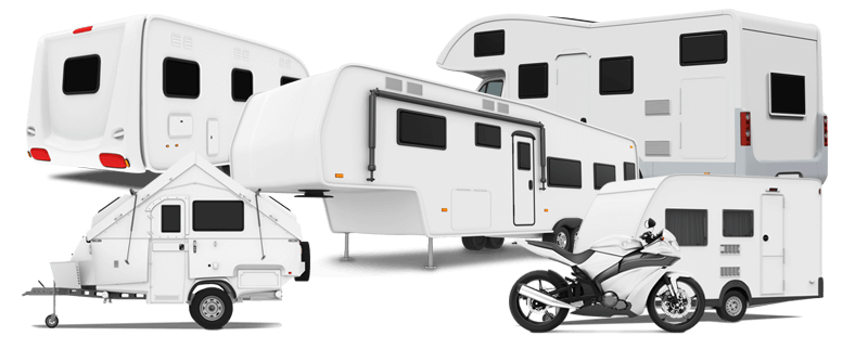 Illustration of RV types, including fifth wheel, toy hauler, travel trailer, popup camper, and motorhome