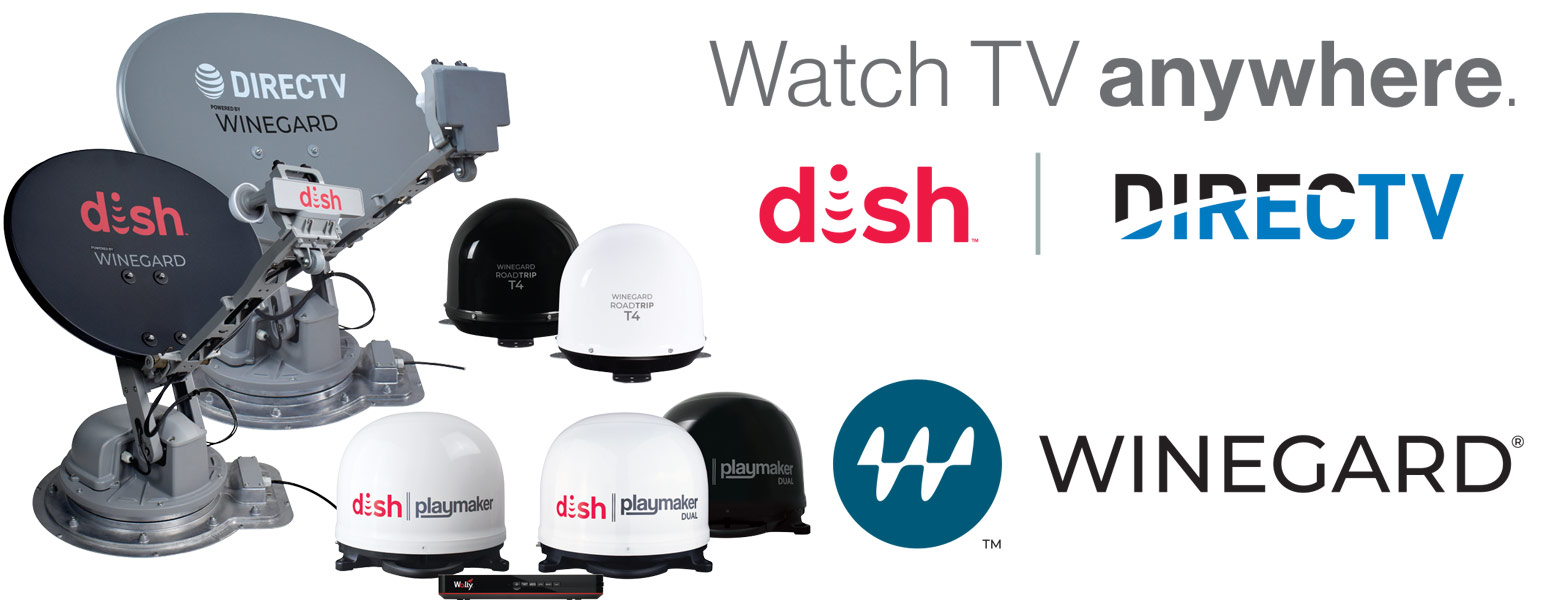 Photo Winegard Satellite TV Antennas and words: Watch TV anywhere, Dish, DirecTV, Winegard.