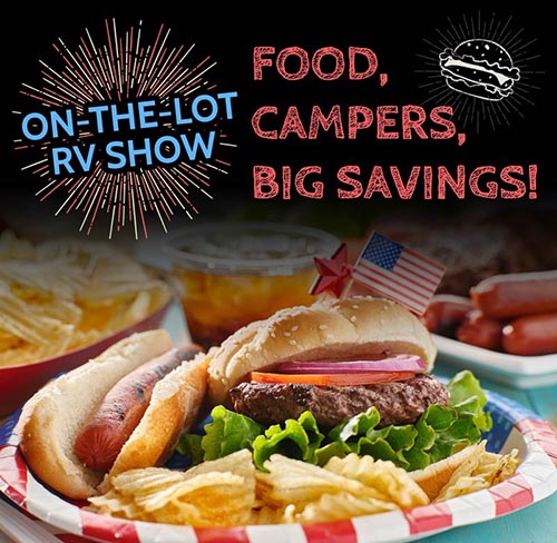 Photo of hamburger, hotdog, and fries on a plate with words: on-the-lot tv show - food campers, big savings!