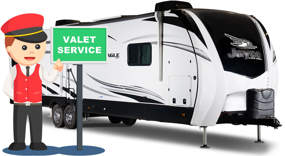Illustration of a valet parking attendant in front of an RV travel trailer.