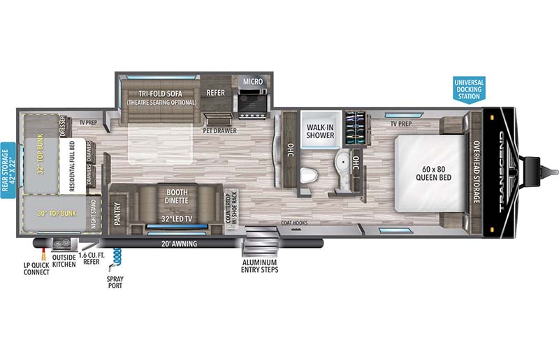 Grand Design Transcend XPLOR 297QB travel trailer floorplan diagram.