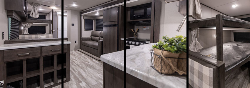 Photo collage showing living area of Grand Design XPLOR 261BH travel trailer.