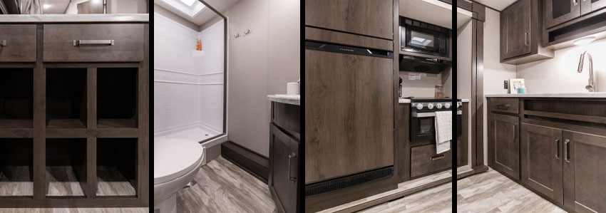 Photo collage showing kitchen, bathroom, and storage area of Grand Design XPLOR 261BH travel trailer.